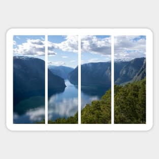 Wonderful landscapes in Norway. Vestland. Beautiful scenery of Aurland fjord from the Stegastein view point facing to the village of Aurland. Sunny day Sticker